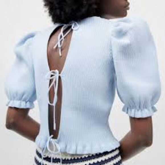 Zara baby blue cropped ribbed knit puff sleeve open back top - Picture 11 of 11